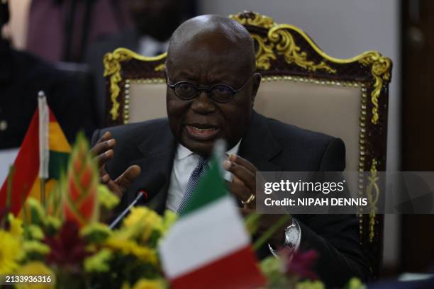 Ghanaian President Nana Addo Dankwa Akufo-Addo gestures during a bilateral meeting with Italian President Sergio Mattarella at the Jubilee House in...