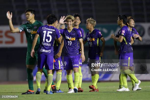 Sanfrecce Hiroshima players celebrate the team's 4-0 victory in the J.League J1 match between Sanfrecce Hiroshima and Gamba Osaka at Edion Stadium...