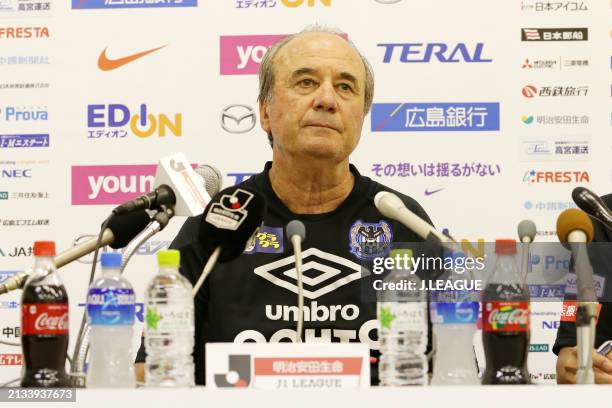 Head coach Levir Culpi of Gamba Osaka speaks at the post match press conference after the J.League J1 match between Sanfrecce Hiroshima and Gamba...