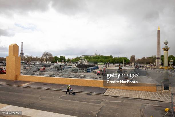 Construction work on the La Concorde urban park for the Olympic Games in Place de Concorde. One of the most emblematic places in Paris will be...