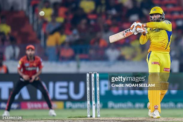 Chennai Super Kings' Ravindra Jadeja plays a shot during the Indian Premier League Twenty20 cricket match between Sunrisers Hyderabad and Chennai...