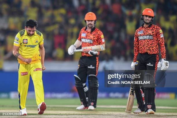 Chennai Super Kings' Deepak Chahar celebrates after taking the wicket of Sunrisers Hyderabad's Abhishek Sharma during the Indian Premier League...