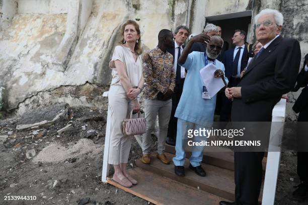 Italian President Sergio Mattarella and Laura Mattarella , First Lady of the Republic of Italy and daughter of President Sergio Mattarella look on as...