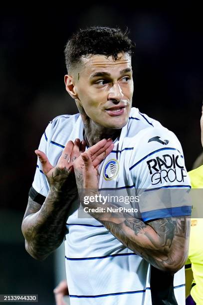 Gianluca Scamacca of Atalanta BC reacts during the Coppa Italia Semi-Final 1st leg match between ACF Fiorentina and Atalanta BC at Stadio Artemio...