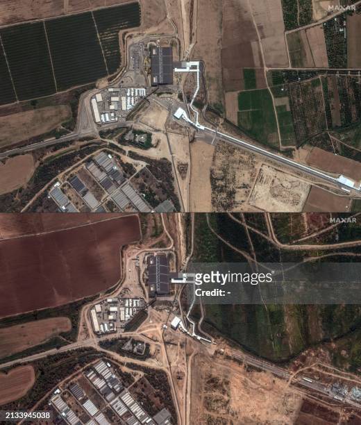 This combination of pictures created on April 5, 2024 shows satellite images released by Maxar Technologies and dated September 18 and April 5 of the...
