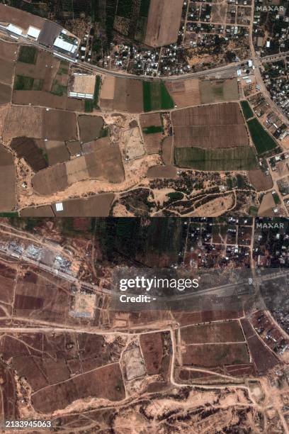 This combination of pictures created on April 5, 2024 shows satellite images released by Maxar Technologies and dated September 18 and April 5 of the...