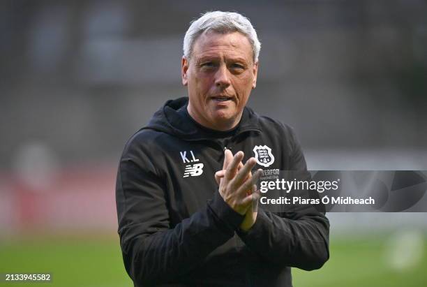 Dublin , Ireland - 5 April 2024; Waterford manager Keith Long applauds Bohemians supporters before the SSE Airtricity Men's Premier Division match...