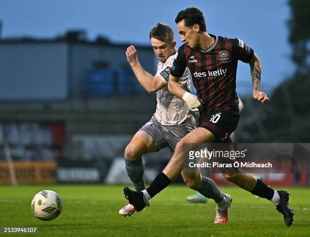 Dublin , Ireland - 5 April 2024; Dylan Connolly of Bohemians in action against Darragh Power of Waterford during the SSE Airtricity Men's Premier...
