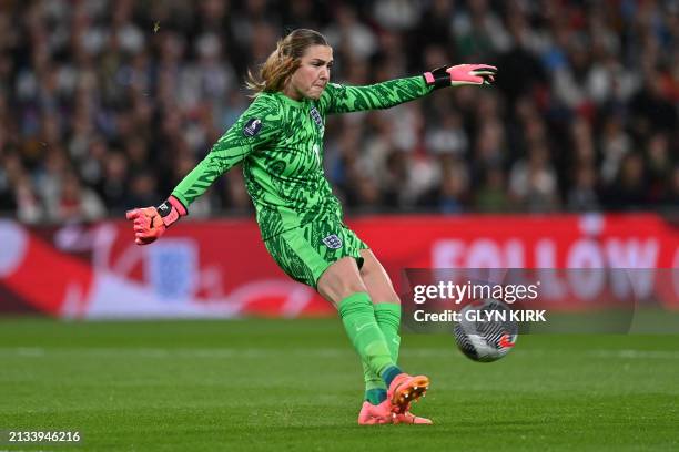 England's goalkeeper Mary Earps kicks the ball during the Women's UEFA Euro 2025 League A group 3 qualifying football match between England and...