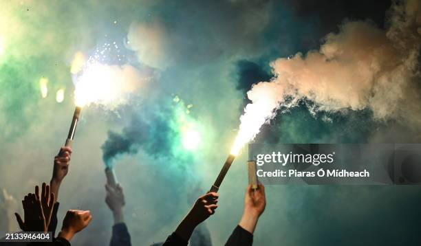 Dublin , Ireland - 5 April 2024; Flares before the SSE Airtricity Men's Premier Division match between Bohemians and Waterford at Dalymount Park in...