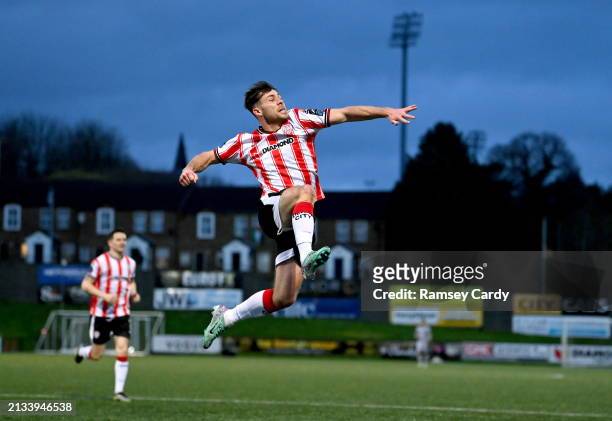 Derry , United Kingdom - 5 April 2024; Adam O'Reilly of Derry City celebrates after scoring his side's first goal during the SSE Airtricity Men's...
