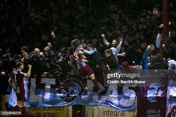 Louth , Ireland - 5 April 2024; Evan Weir of Drogheda United celebrates with supporters after scoring their side's second goal during the SSE...