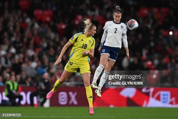 Sweden's forward Fridolina Rolfo heads the ball in front of England's defender Lucy Bronze during the Women's UEFA Euro 2025 League A group 3...