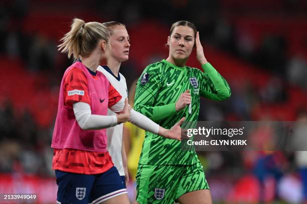 England's goalkeeper Mary Earps , England's midfielder and captain Keira Walsh walk off the pitch at the end of the Women's UEFA Euro 2025 League A...