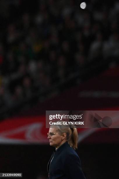 England's Dutch head coach Sarina Wiegman looks on from the technical area during the Women's UEFA Euro 2025 League A group 3 qualifying football...