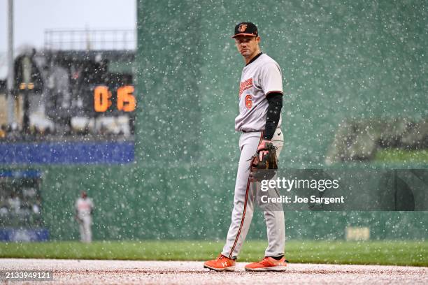 Ryan Mountcastle of the Baltimore Orioles looks on while sleet falls during the game between the Baltimore Orioles and the Pittsburgh Pirates at PNC...