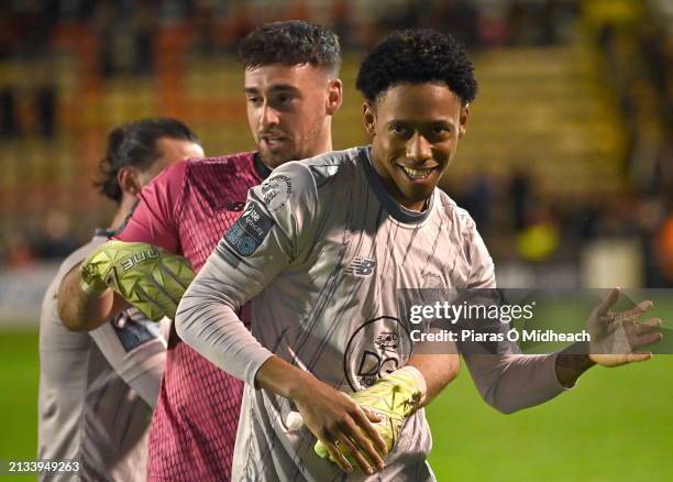 Dublin , Ireland - 5 April 2024; Waterford players Maleace Asamoah, front, and Sam Sargeant celebrate after their side's victory in the SSE...