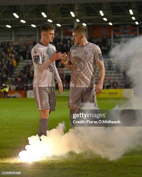 Dublin , Ireland - 5 April 2024; Waterford players Ben McCormack, left, and Darragh Power after their victory in the SSE Airtricity Men's Premier...