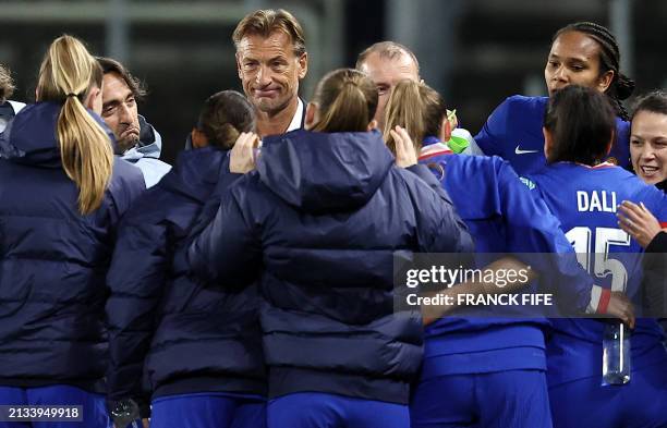 France's women's national team head coach Herve Renard reacts after the Women's UEFA Euro 2025 League A Group 3 qualifying football match between...