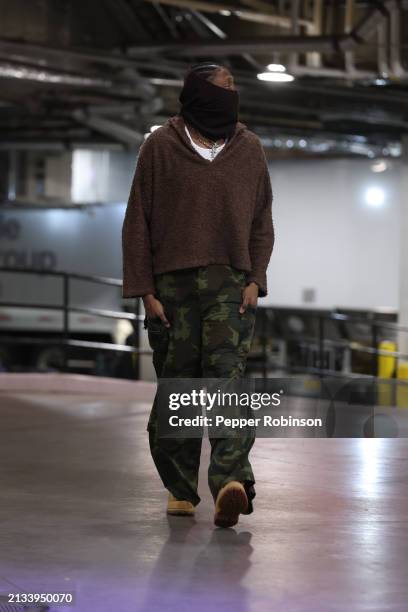 Jalen Williams of the Oklahoma City Thunder arrives to the arena before the game against the Indiana Pacers on April 5, 2024 at Gainbridge Fieldhouse...