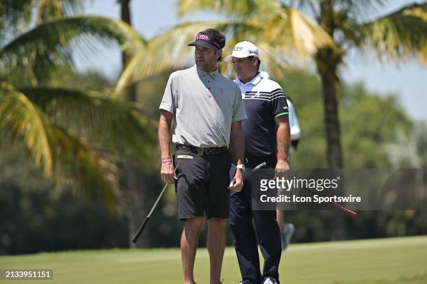 Professional Golfer Bubba Watson, left, and Patrick Reed in action during LIV Golf Miami on April 5, 2024 at Trump National Doral Miami in Doral, FL.