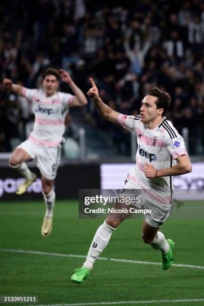 Federico Chiesa of Juventus FC celebrates next to Dusan Vlahovic of Juventus FC after scoring the opening goal during the Coppa Italia semi final...