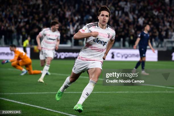 Federico Chiesa of Juventus FC celebrates after scoring the opening goal during the Coppa Italia semi final first leg football match between Juventus...