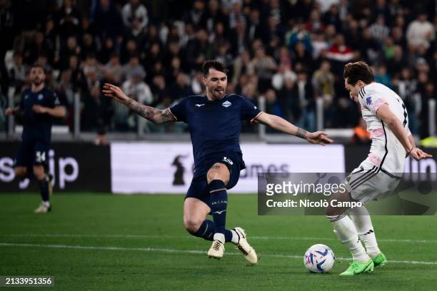 Federico Chiesa of Juventus FC scores the opening goal during the Coppa Italia semi final first leg football match between Juventus FC and SS Lazio....