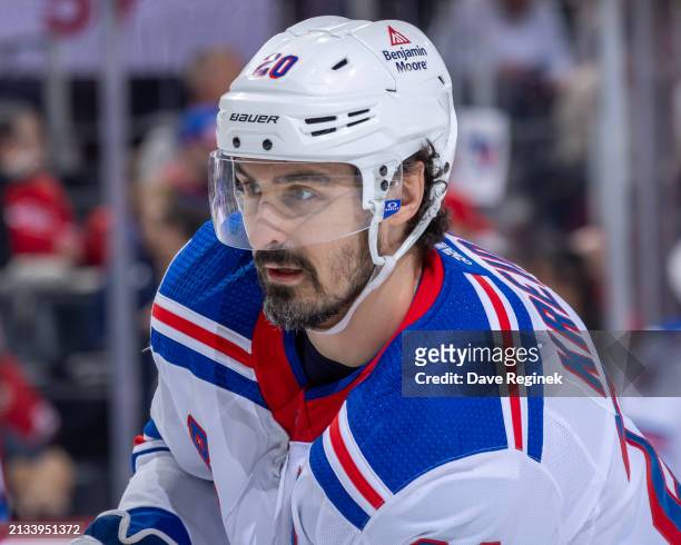 Chris Kreider of the New York Rangers skates around in warm ups before the game against the Detroit Red Wings at Little Caesars Arena on April 5,...