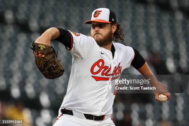 Cole Irvin of the Baltimore Orioles pitches against the Kansas City Royals during the first inning at Oriole Park at Camden Yards on April 2, 2024 in...