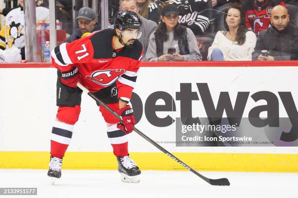 New Jersey Devils defenseman Jonas Siegenthaler looks on during a game between the Pittsburgh Penguins and New Jersey Devils on April 2, 2024 at...