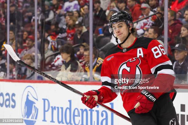 New Jersey Devils center Jack Hughes skates during a game between the Pittsburgh Penguins and New Jersey Devils on April 2, 2024 at Prudential Center...