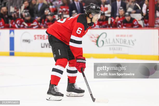 New Jersey Devils defenseman John Marino looks on during a game between the Pittsburgh Penguins and New Jersey Devils on April 2, 2024 at Prudential...