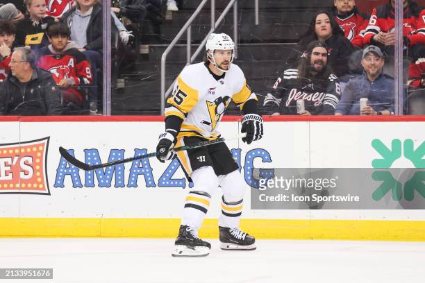 Pittsburgh Penguins defenseman Erik Karlsson skates during a game between the Pittsburgh Penguins and New Jersey Devils on April 2, 2024 at...
