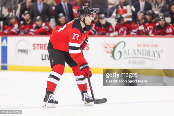 New Jersey Devils defenseman Simon Nemec looks on during a game between the Pittsburgh Penguins and New Jersey Devils on April 2, 2024 at Prudential...