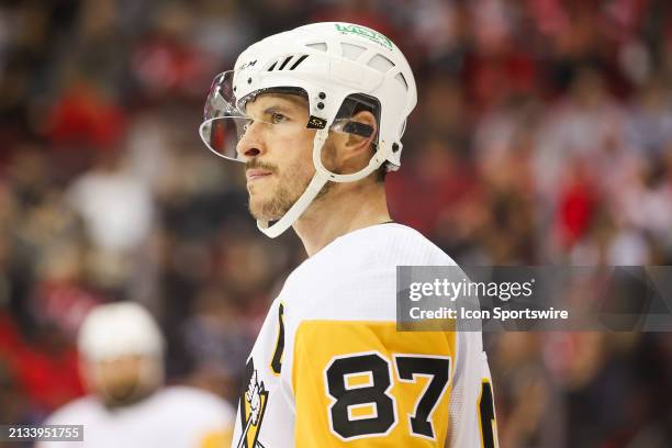 Pittsburgh Penguins center Sidney Crosby looks on during a game between the Pittsburgh Penguins and New Jersey Devils on April 2, 2024 at Prudential...