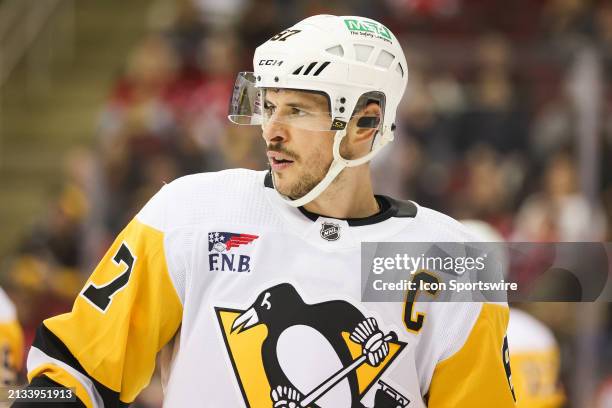 Pittsburgh Penguins center Sidney Crosby looks on during a game between the Pittsburgh Penguins and New Jersey Devils on April 2, 2024 at Prudential...