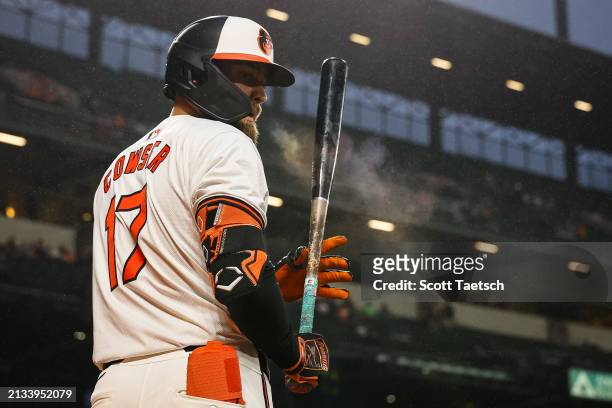 Colton Cowser of the Baltimore Orioles looks on against the Kansas City Royals during the third inning at Oriole Park at Camden Yards on April 2,...