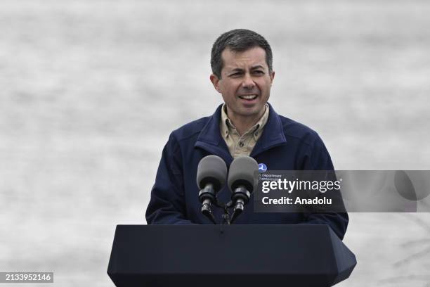 United States Secretary of Transportation Pete Buttigieg delivers a speech at the Maryland Transportation Authority in Baltimore, Maryland on April...