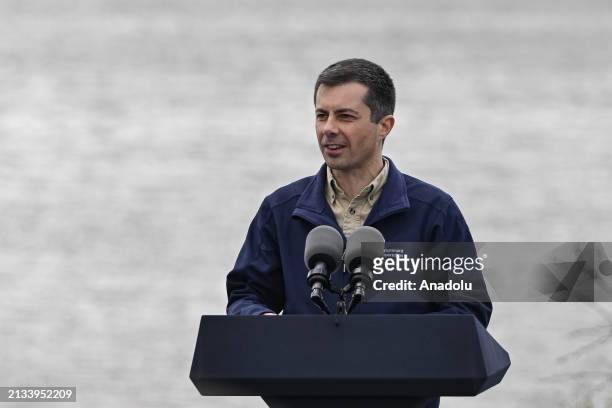 United States Secretary of Transportation Pete Buttigieg delivers a speech at the Maryland Transportation Authority in Baltimore, Maryland on April...