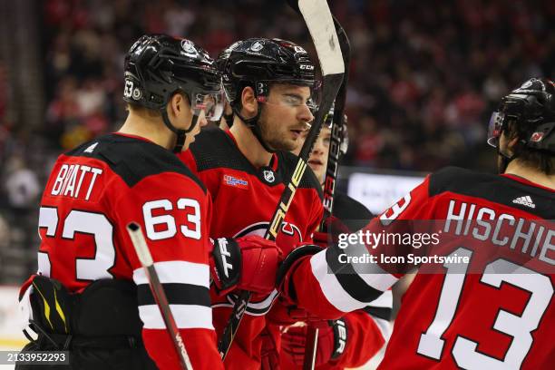 New Jersey Devils right wing Timo Meier celebrates after scoring a goal during a game between the Pittsburgh Penguins and New Jersey Devils on April...