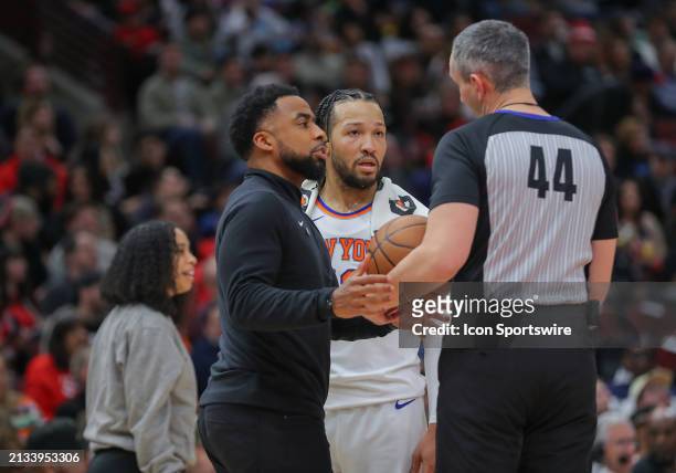 Jalen Brunson of the New York Knicks reacts to referee Brett Nansel call during the first half against the Chicago Bulls at the United Center on...