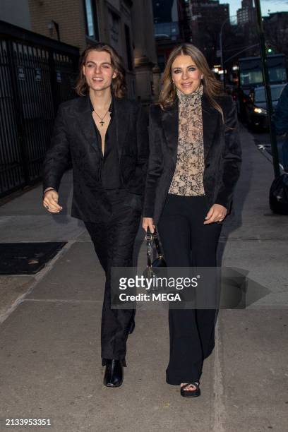 Damian Hurley and Elizabeth Hurley are seen arriving at Nami Nori Sushi on April 4, 2024 in New York, New York.