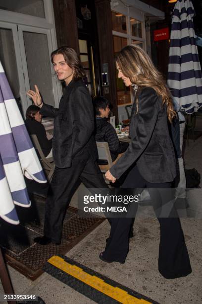 Damian Hurley and Elizabeth Hurley are seen arriving at Nami Nori Sushi on April 4, 2024 in New York, New York.