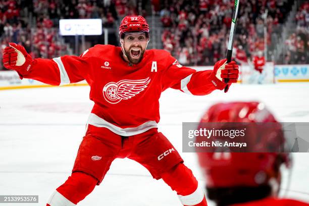 David Perron reacts after teammate Dylan Larkin of the Detroit Red Wings scored a goal against the New York Rangers during the second period at...