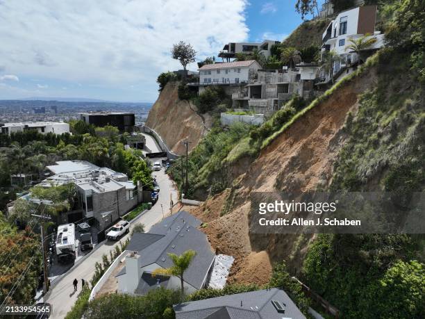 Hollywood Hills, CA An aerial view where recent heavy rains led to a hillside collapsing at about 5:30 p.m. Wednesday, on top of and into a home on...