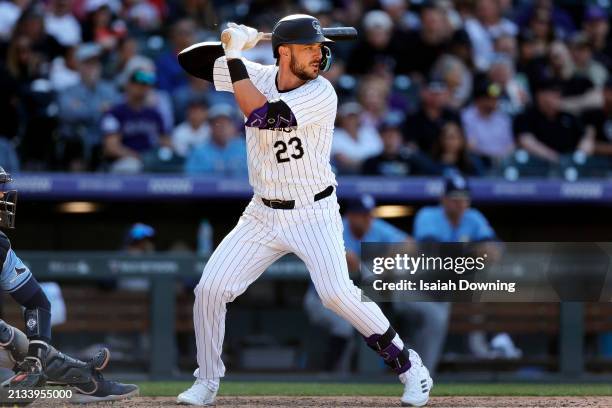 Kris Bryant of the Colorado Rockies bats in the eighth inning during the game between the Tampa Bay Rays and the Colorado Rockies at Coors Field on...