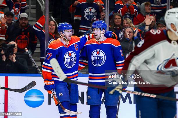 Edmonton Oilers Center Connor McDavid celebrates his goal in the third period of the Edmonton Oilers game versus the Colorado Avalanche on April 5 at...