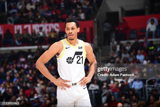 Darius Bazley of the Utah Jazz looks on during the game on April 5, 2024 at Crypto.Com Arena in Los Angeles, California. NOTE TO USER: User expressly...