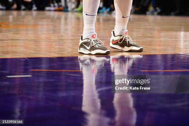 The sneakers worn by Jusuf Nurkic of the Phoenix Suns during the game against the Minnesota Timberwolves on April 5, 2024 at Footprint Center in...